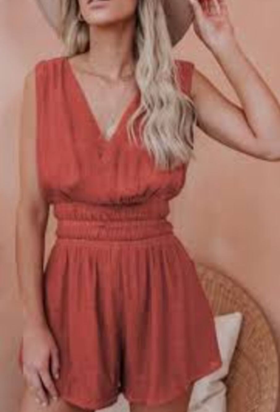 The Impeccable Pig Sleeveless Smocked Waist V-Neck Romper Brown Orange Large